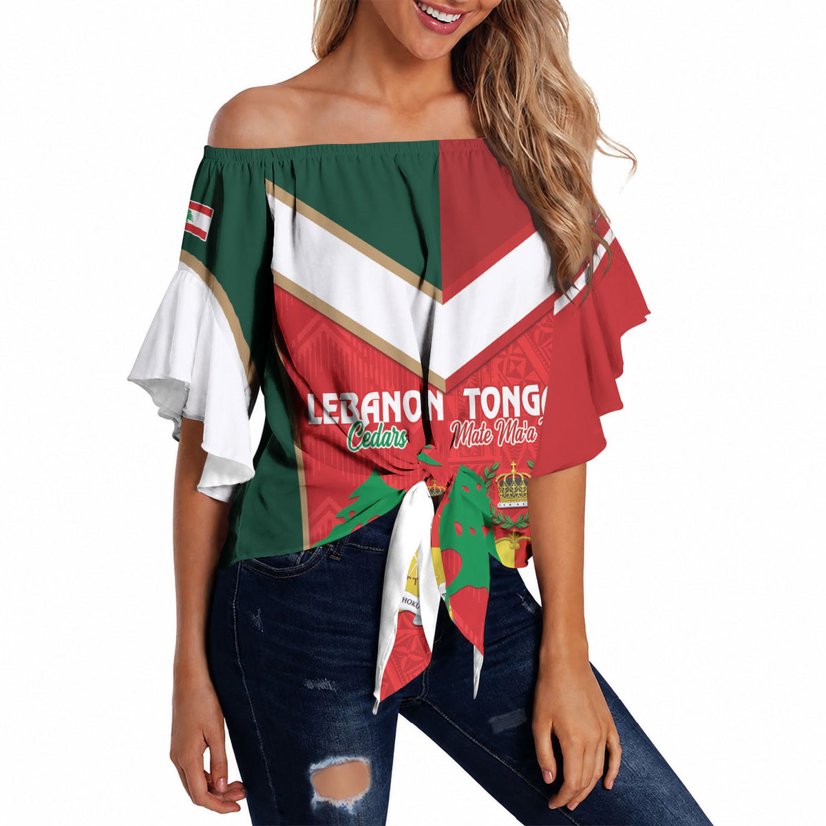 Custom Rugby Tonga and Lebanon Off Shoulder Wrap Waist Top Mate Maa Tonga Cedars Together