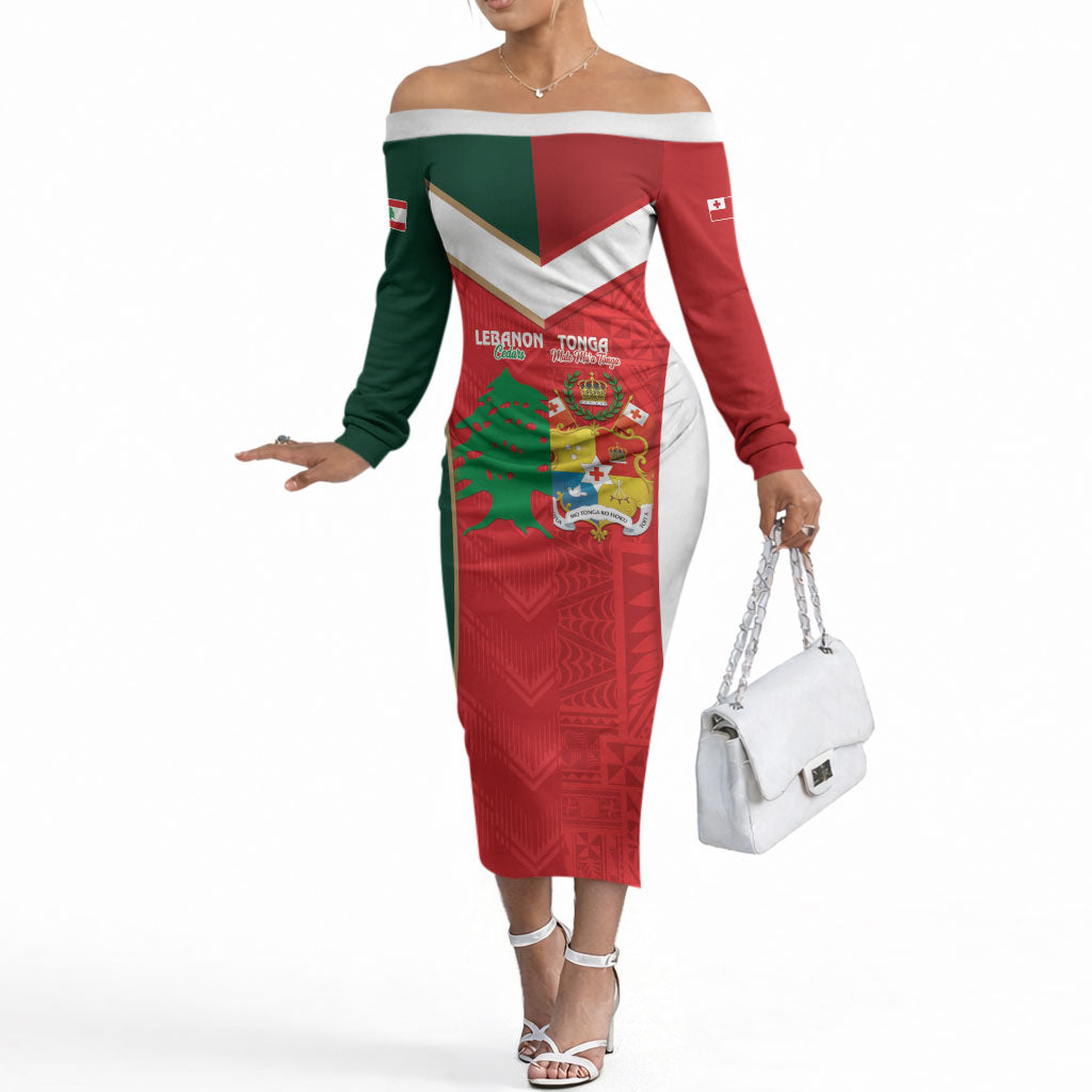 Custom Rugby Tonga and Lebanon Off The Shoulder Long Sleeve Dress Mate Maa Tonga Cedars Together