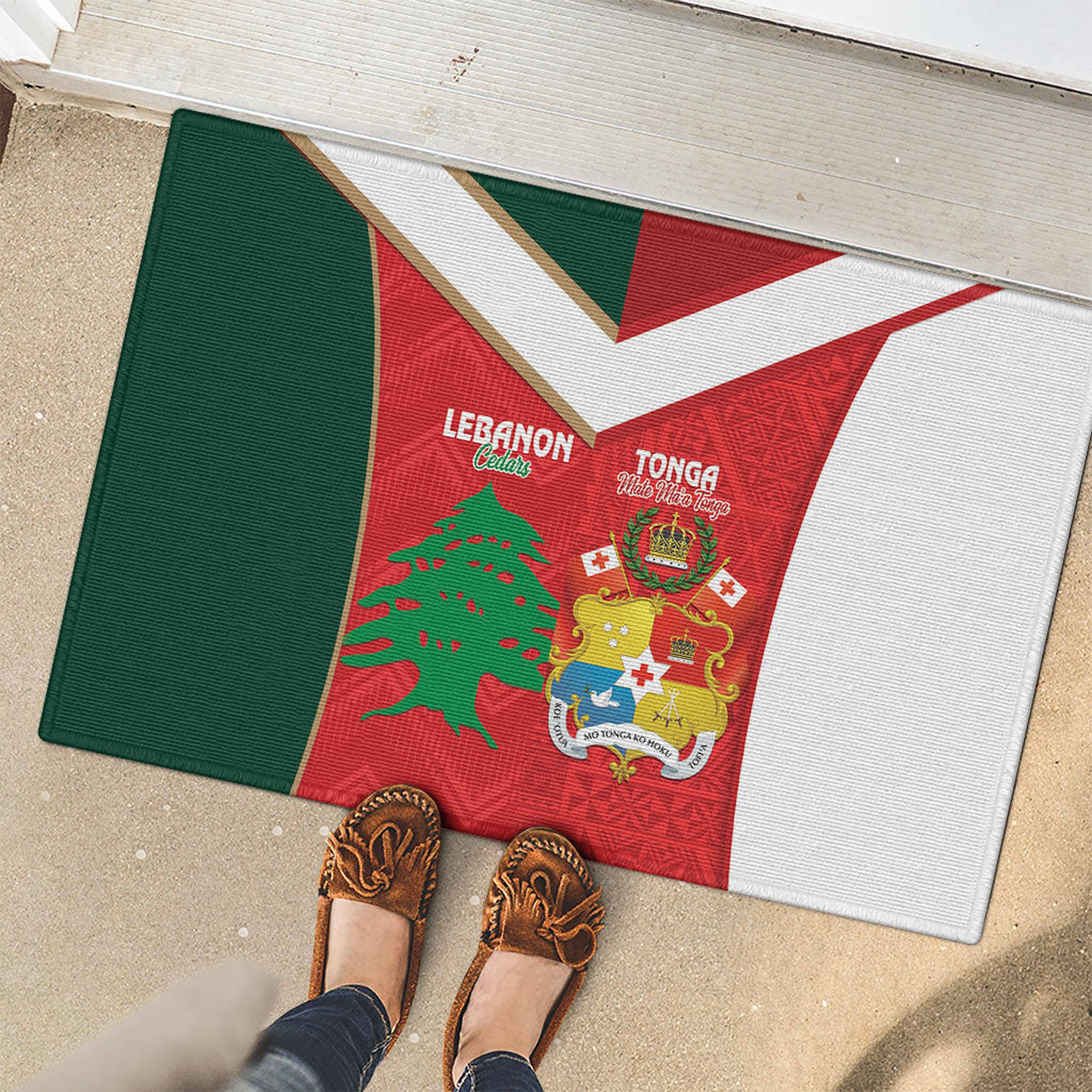 Rugby Tonga and Lebanon Rubber Doormat Mate Maa Tonga Cedars Together