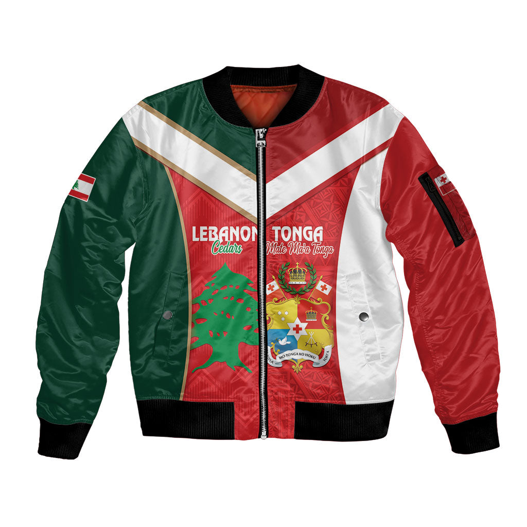 Custom Rugby Tonga and Lebanon Sleeve Zip Bomber Jacket Mate Maa Tonga Cedars Together
