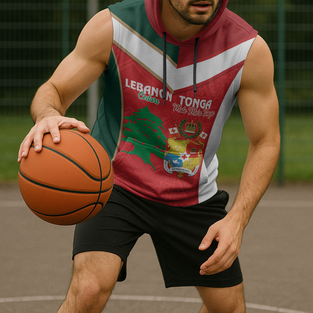 Custom Rugby Tonga and Lebanon Sleeveless Hoodie Mate Maa Tonga Cedars Together