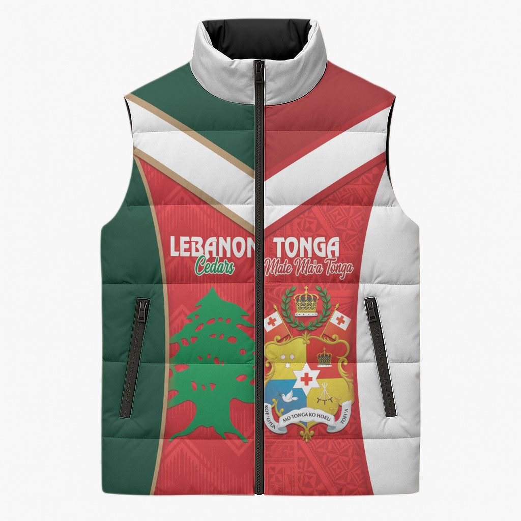 Custom Rugby Tonga and Lebanon Sleeveless Puffer Jacket Mate Maa Tonga Cedars Together