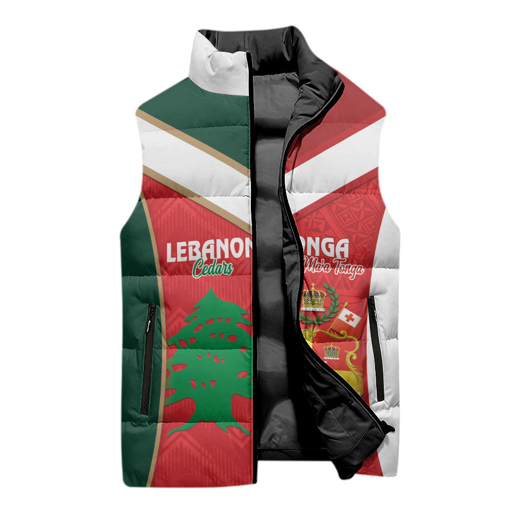 Custom Rugby Tonga and Lebanon Sleeveless Puffer Jacket Mate Maa Tonga Cedars Together