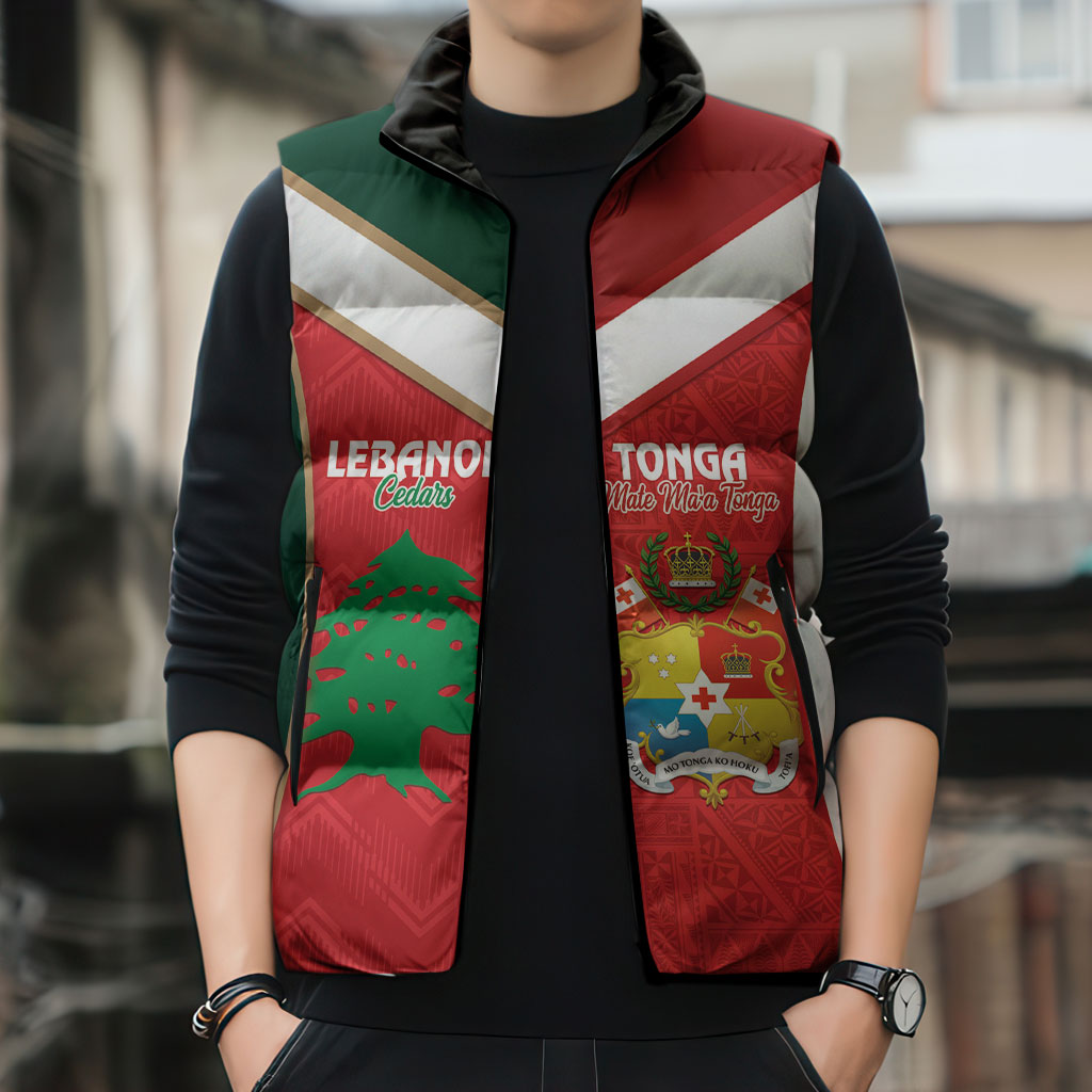 Custom Rugby Tonga and Lebanon Sleeveless Puffer Jacket Mate Maa Tonga Cedars Together