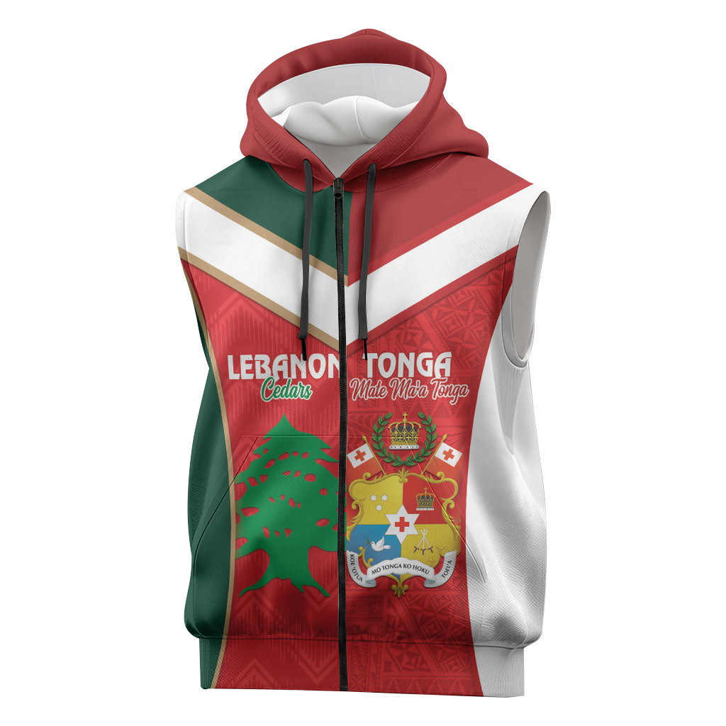 Custom Rugby Tonga and Lebanon Sleeveless Zip Hoodie Mate Maa Tonga Cedars Together