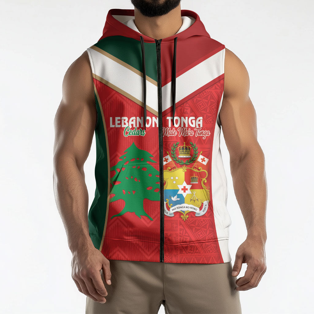 Custom Rugby Tonga and Lebanon Sleeveless Zip Hoodie Mate Maa Tonga Cedars Together