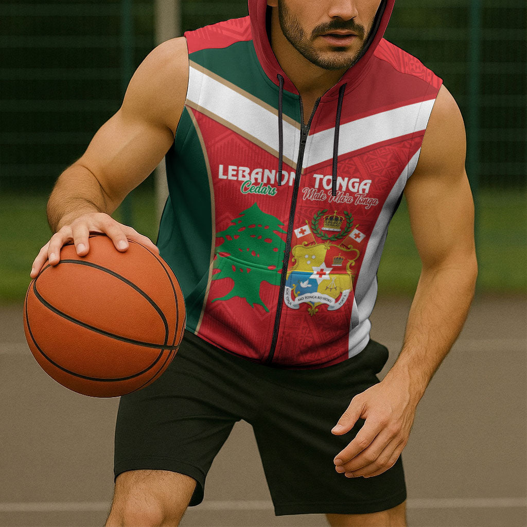 Custom Rugby Tonga and Lebanon Sleeveless Zip Hoodie Mate Maa Tonga Cedars Together