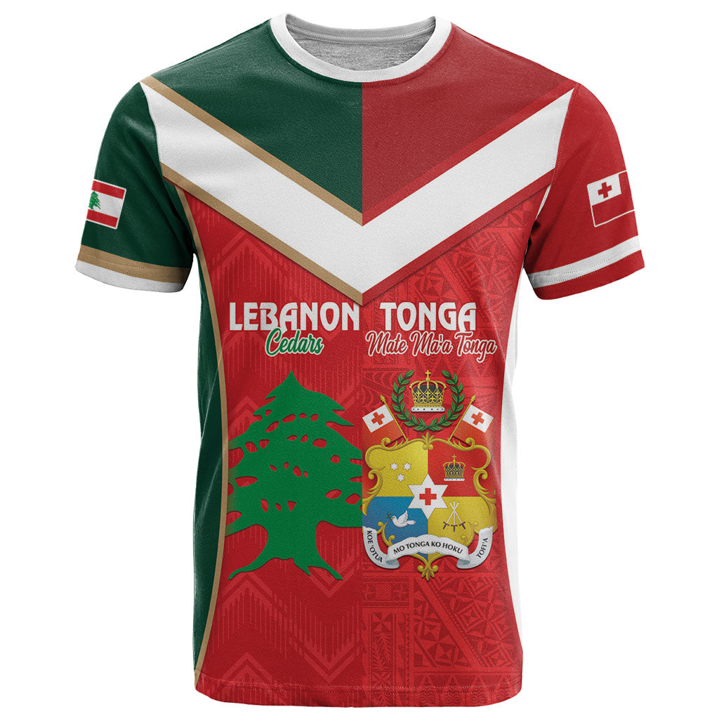 Custom Rugby Tonga and Lebanon T Shirt Mate Maa Tonga Cedars Together