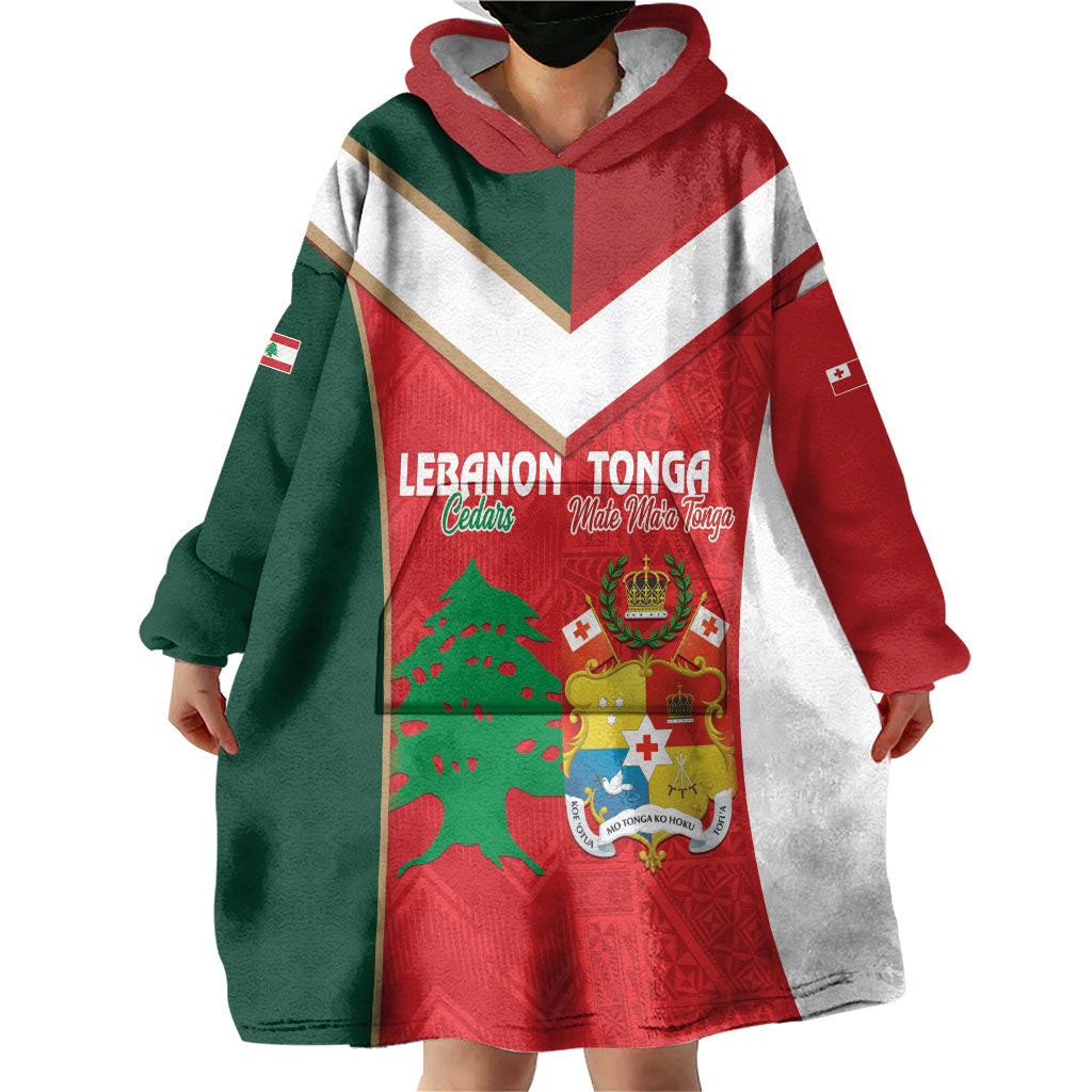 Custom Rugby Tonga and Lebanon Wearable Blanket Hoodie Mate Maa Tonga Cedars Together