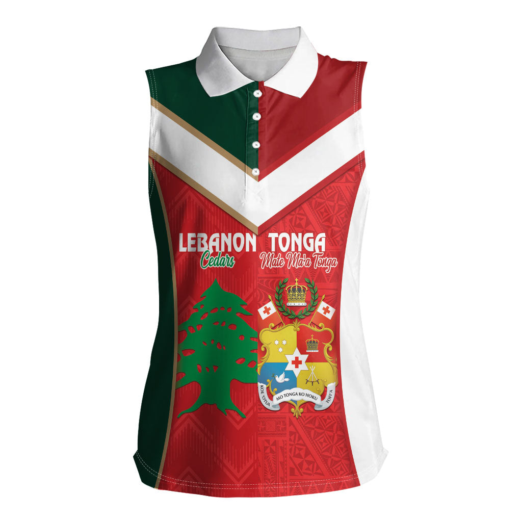 Custom Rugby Tonga and Lebanon Women Sleeveless Polo Shirt Mate Maa Tonga Cedars Together