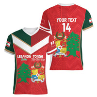 Custom Rugby Tonga and Lebanon Women V-Neck T-Shirt Mate Maa Tonga Cedars Together