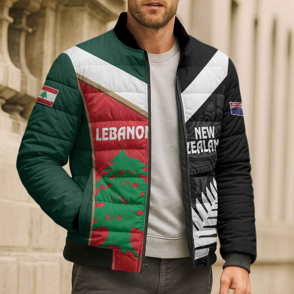 Custom Rugby New Zealand and Lebanon Bomber Puffer Jacket All Black Cedars Together