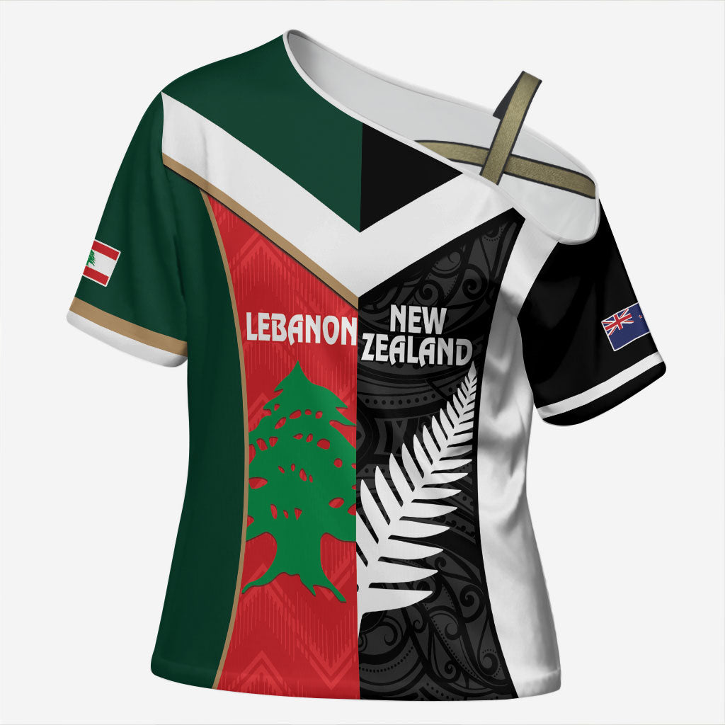 Custom Rugby New Zealand and Lebanon Cross Shoulder Shirt All Black Cedars Together