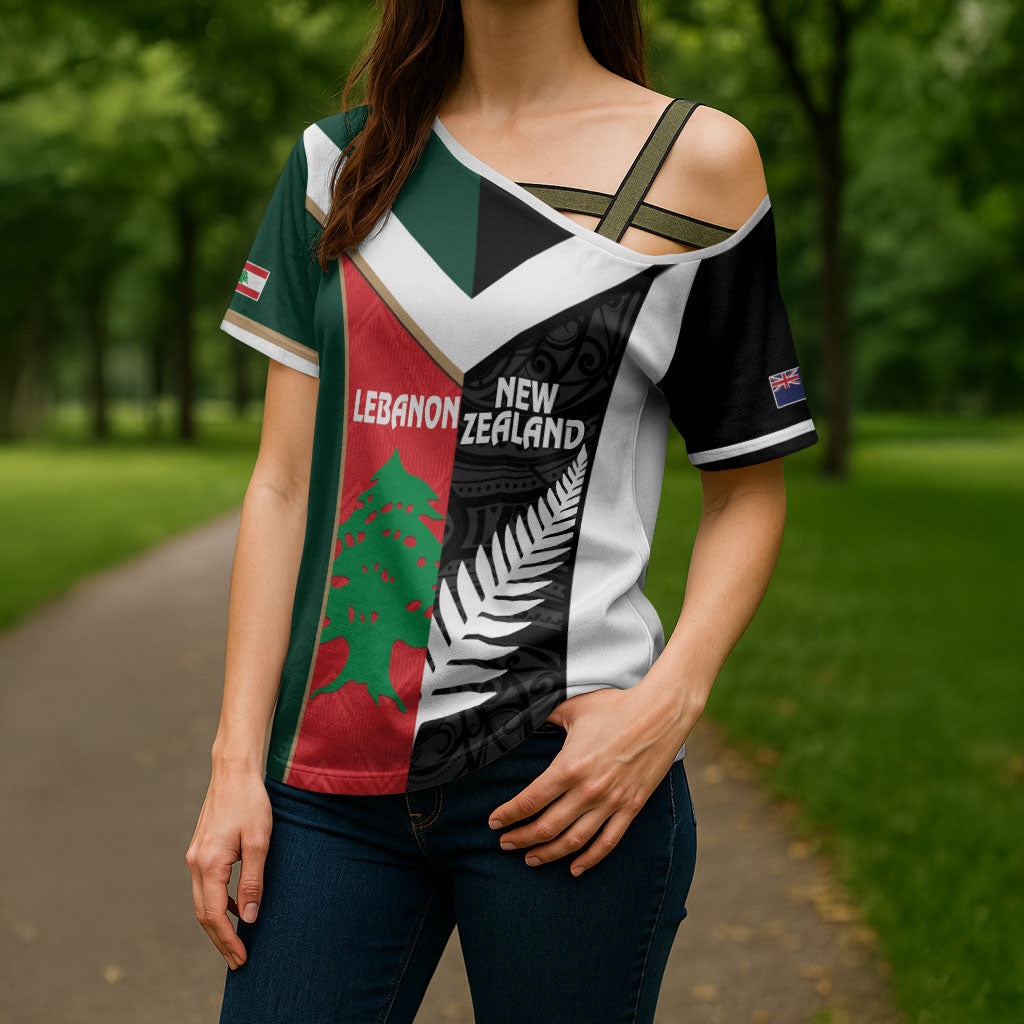 Custom Rugby New Zealand and Lebanon Cross Shoulder Shirt All Black Cedars Together