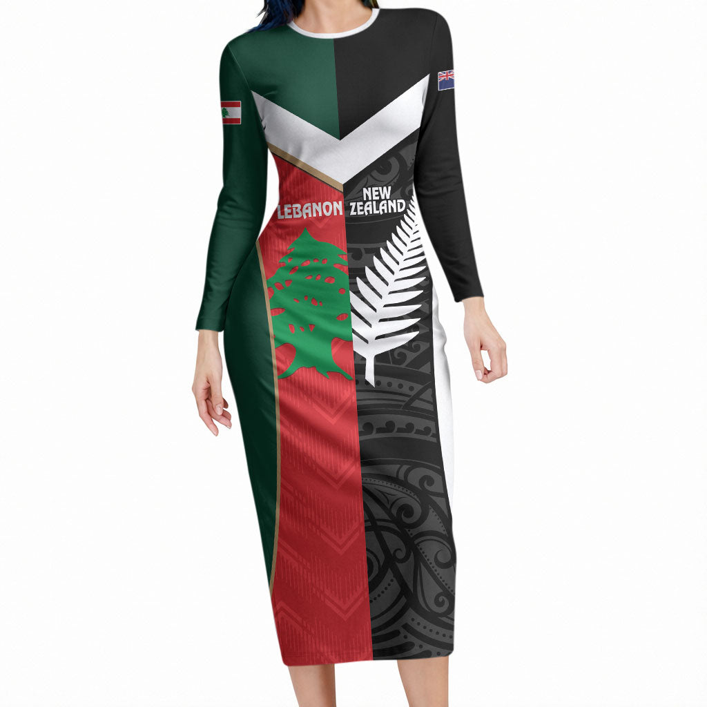 Custom Rugby New Zealand and Lebanon Long Sleeve Bodycon Dress All Black Cedars Together