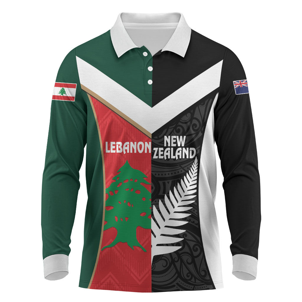 Custom Rugby New Zealand and Lebanon Long Sleeve Polo Shirt All Black Cedars Together
