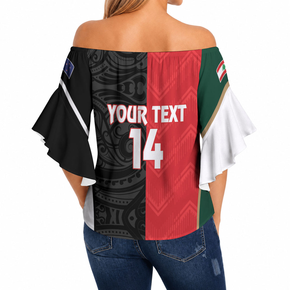 Custom Rugby New Zealand and Lebanon Off Shoulder Wrap Waist Top All Black Cedars Together