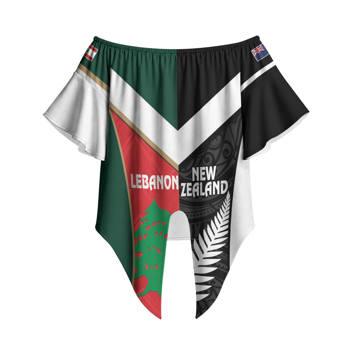 Custom Rugby New Zealand and Lebanon Off Shoulder Wrap Waist Top All Black Cedars Together