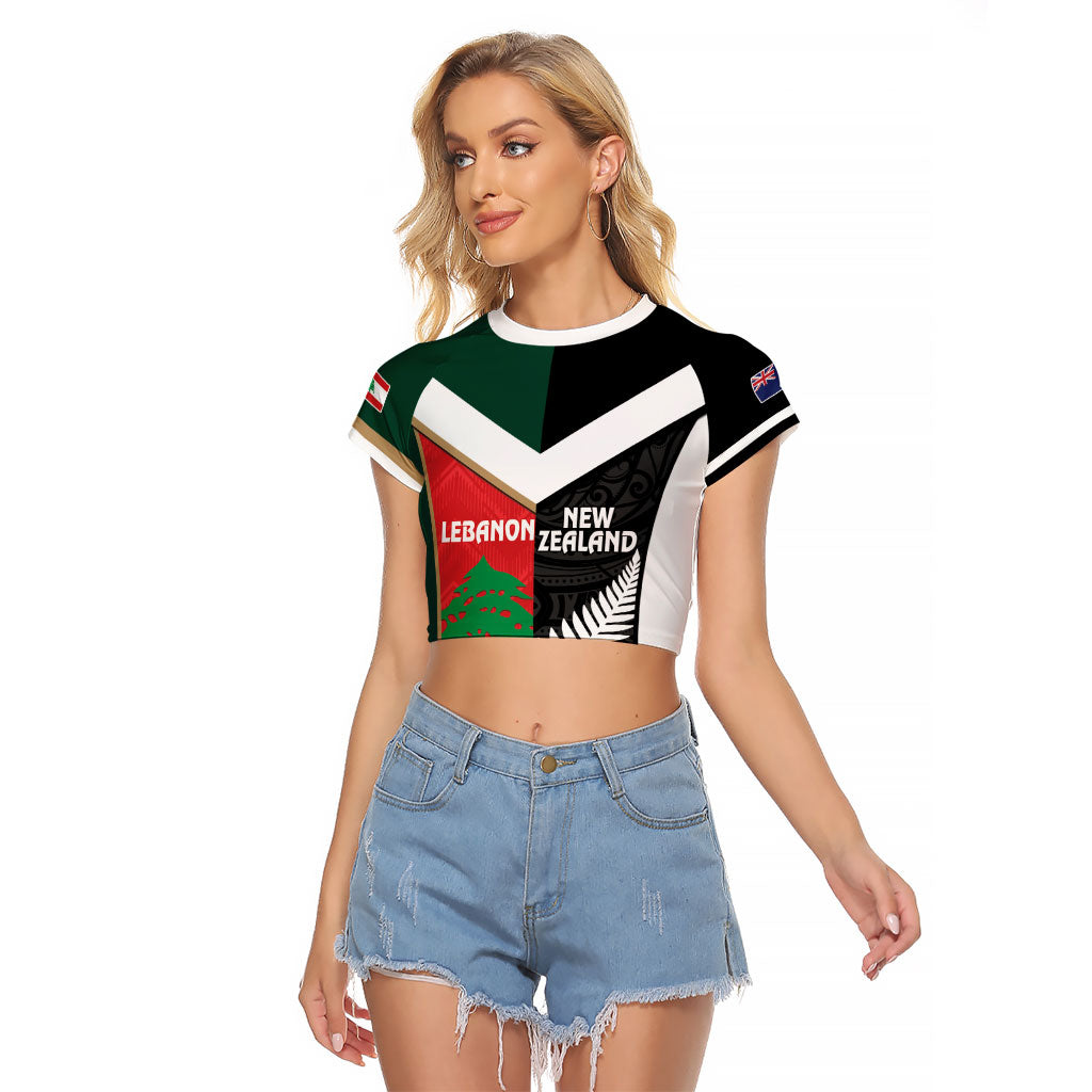 Custom Rugby New Zealand and Lebanon Raglan Cropped T Shirt All Black Cedars Together