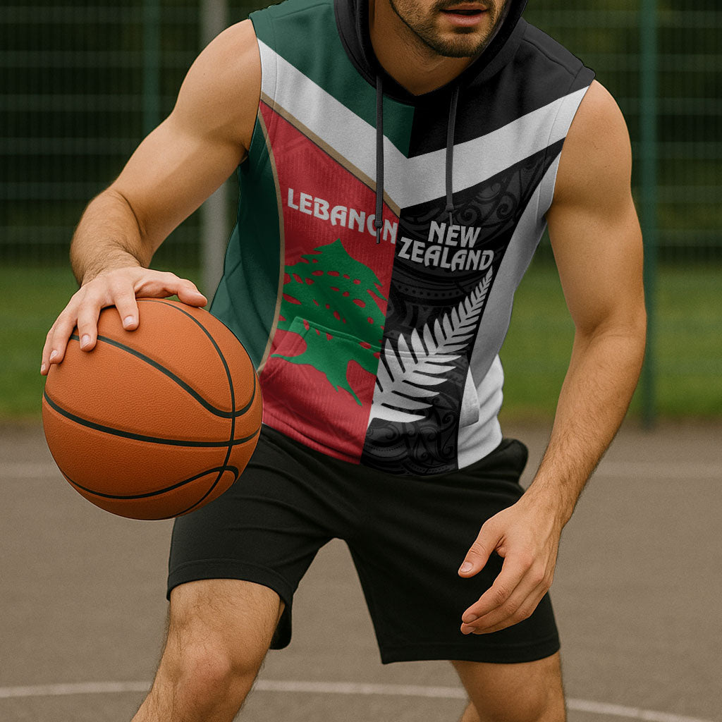 Custom Rugby New Zealand and Lebanon Sleeveless Hoodie All Black Cedars Together