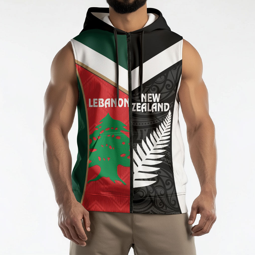 Custom Rugby New Zealand and Lebanon Sleeveless Zip Hoodie All Black Cedars Together