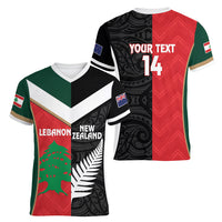 Custom Rugby New Zealand and Lebanon Women V-Neck T-Shirt All Black Cedars Together