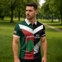 Custom Rugby New Zealand and Lebanon Zipper Polo Shirt All Black Cedars Together