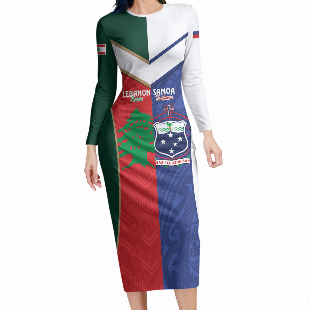Custom Rugby Samoa and Lebanon Long Sleeve Bodycon Dress Toa Samoa Cedars Together