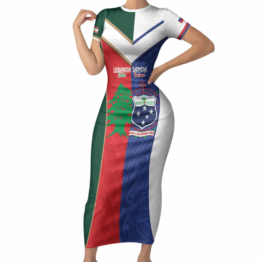Custom Rugby Samoa and Lebanon Short Sleeve Bodycon Dress Toa Samoa Cedars Together