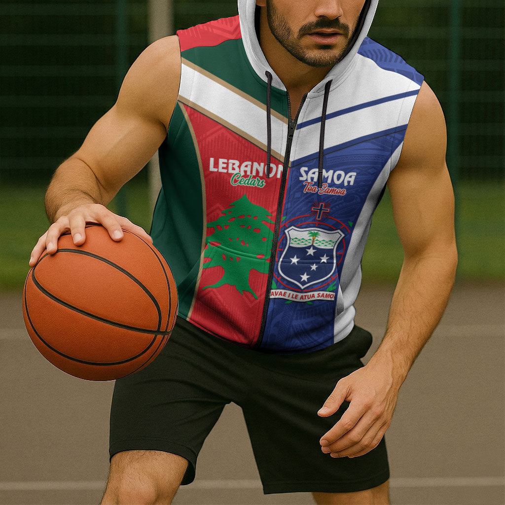 Custom Rugby Samoa and Lebanon Sleeveless Zip Hoodie Toa Samoa Cedars Together