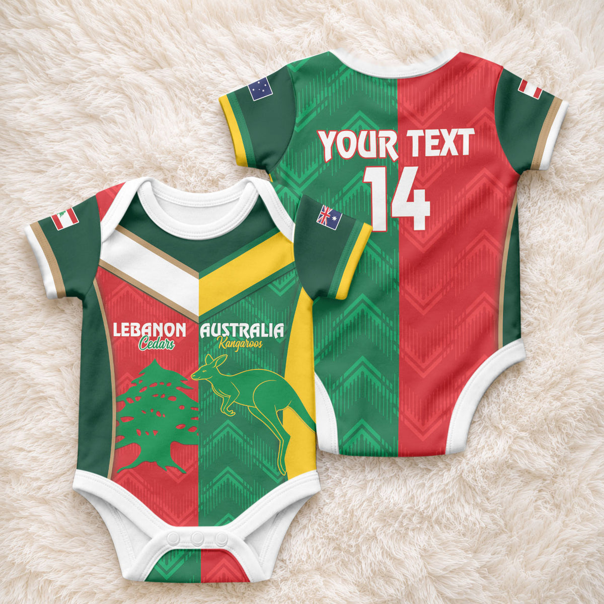 Custom Rugby Australia and Lebanon Baby Onesie Aussie Kangaroos Cedars Together
