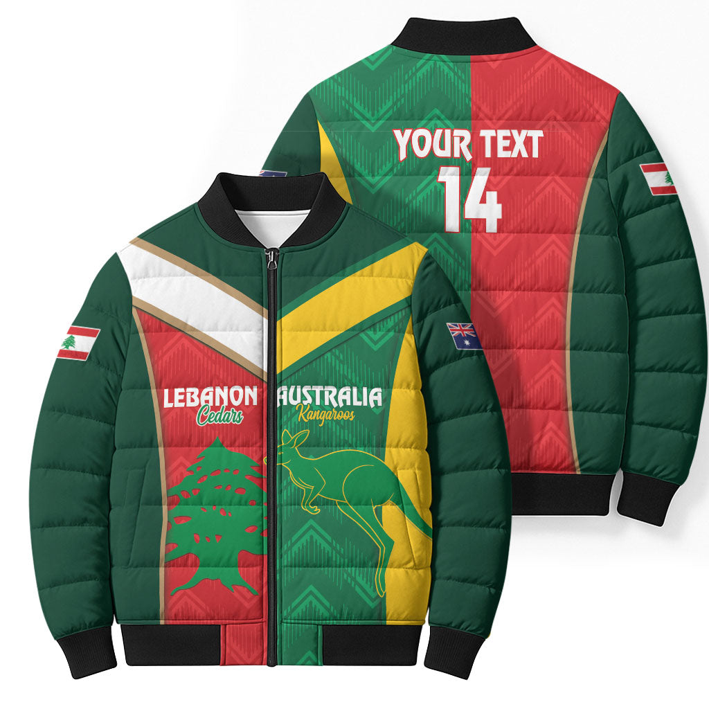 Custom Rugby Australia and Lebanon Bomber Puffer Jacket Aussie Kangaroos Cedars Together