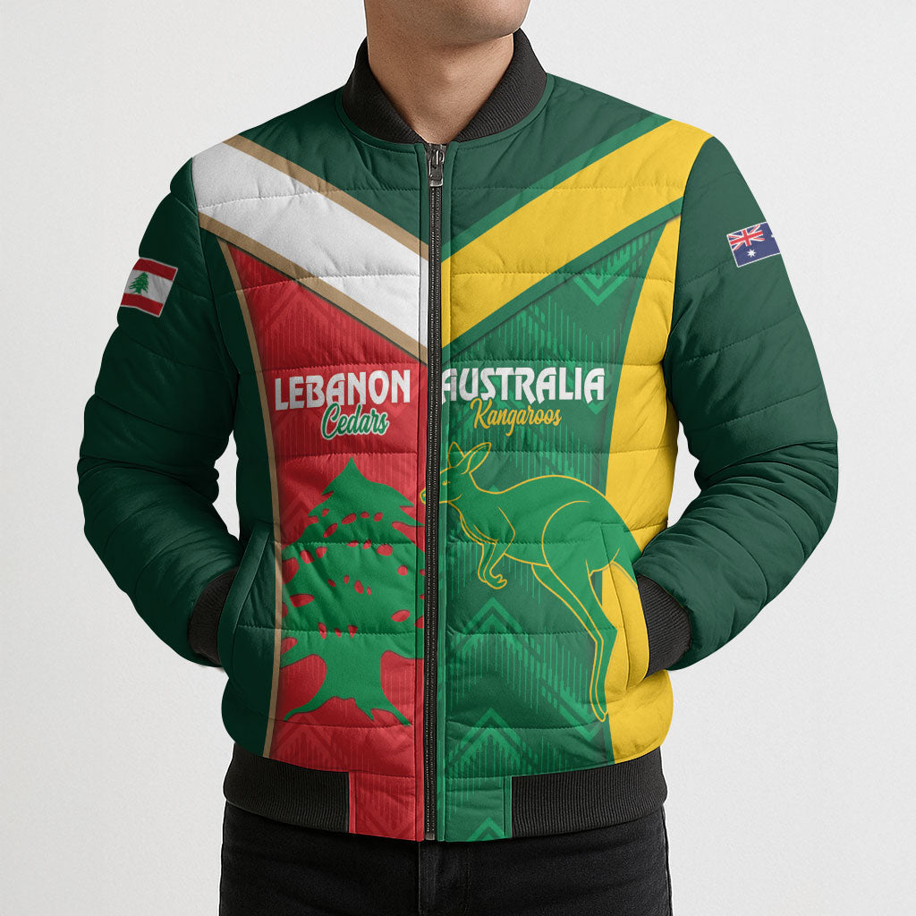 Custom Rugby Australia and Lebanon Bomber Puffer Jacket Aussie Kangaroos Cedars Together