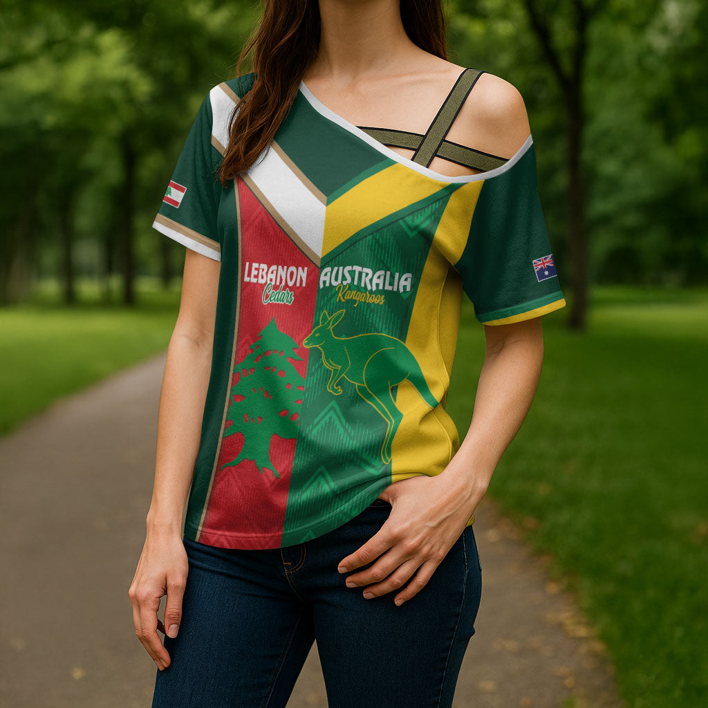 Custom Rugby Australia and Lebanon Cross Shoulder Shirt Aussie Kangaroos Cedars Together