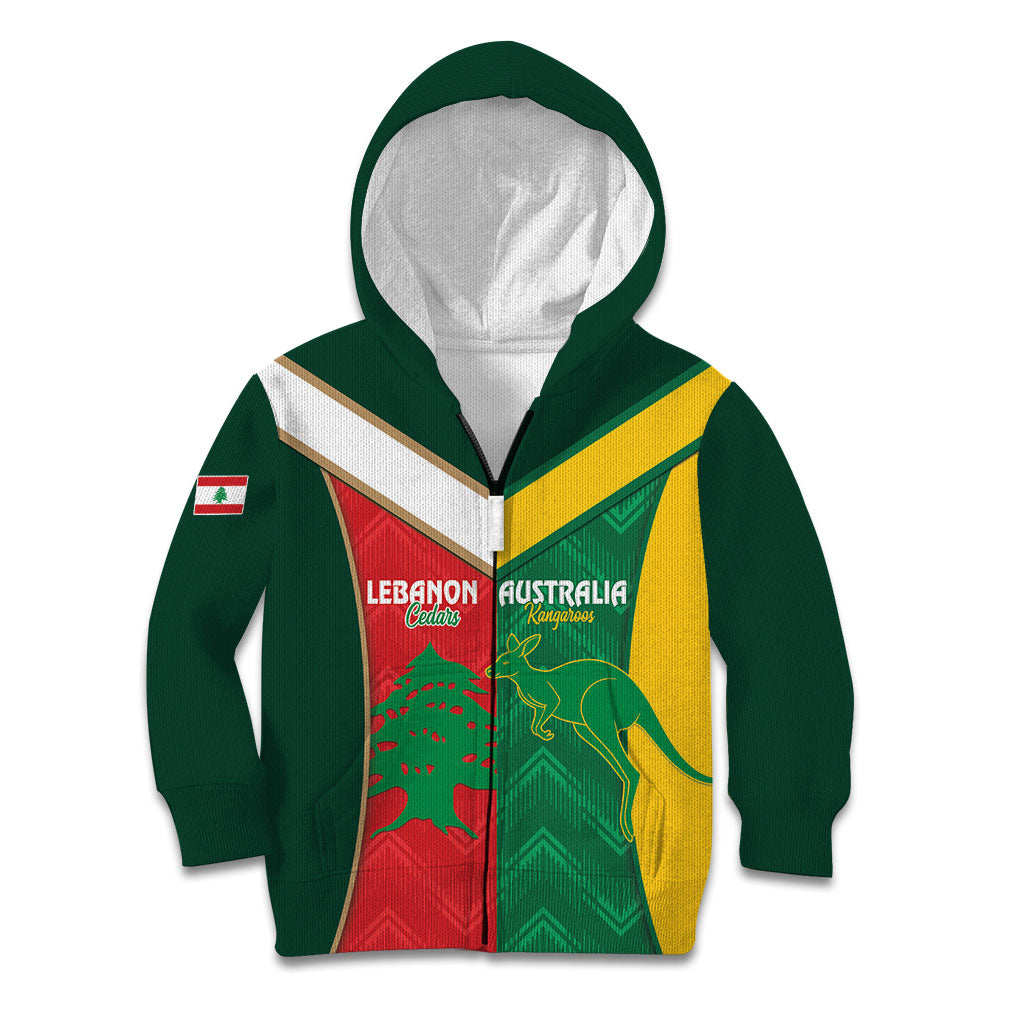 Custom Rugby Australia and Lebanon Kid Hoodie Aussie Kangaroos Cedars Together