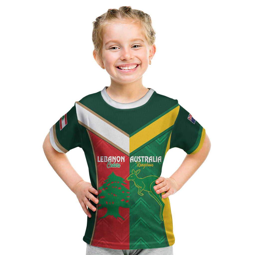 Custom Rugby Australia and Lebanon Kid T Shirt Aussie Kangaroos Cedars Together