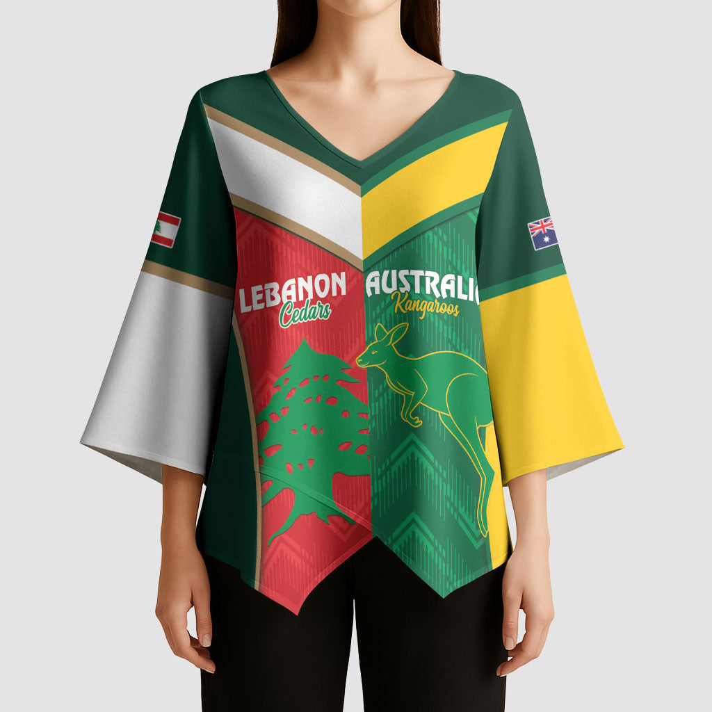 Custom Rugby Australia and Lebanon Kimono Sleeve Blouse Aussie Kangaroos Cedars Together