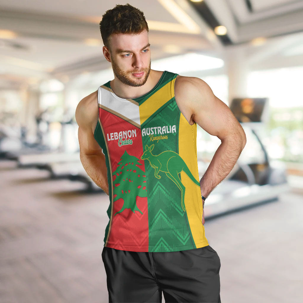 Custom Rugby Australia and Lebanon Men Tank Top Aussie Kangaroos Cedars Together