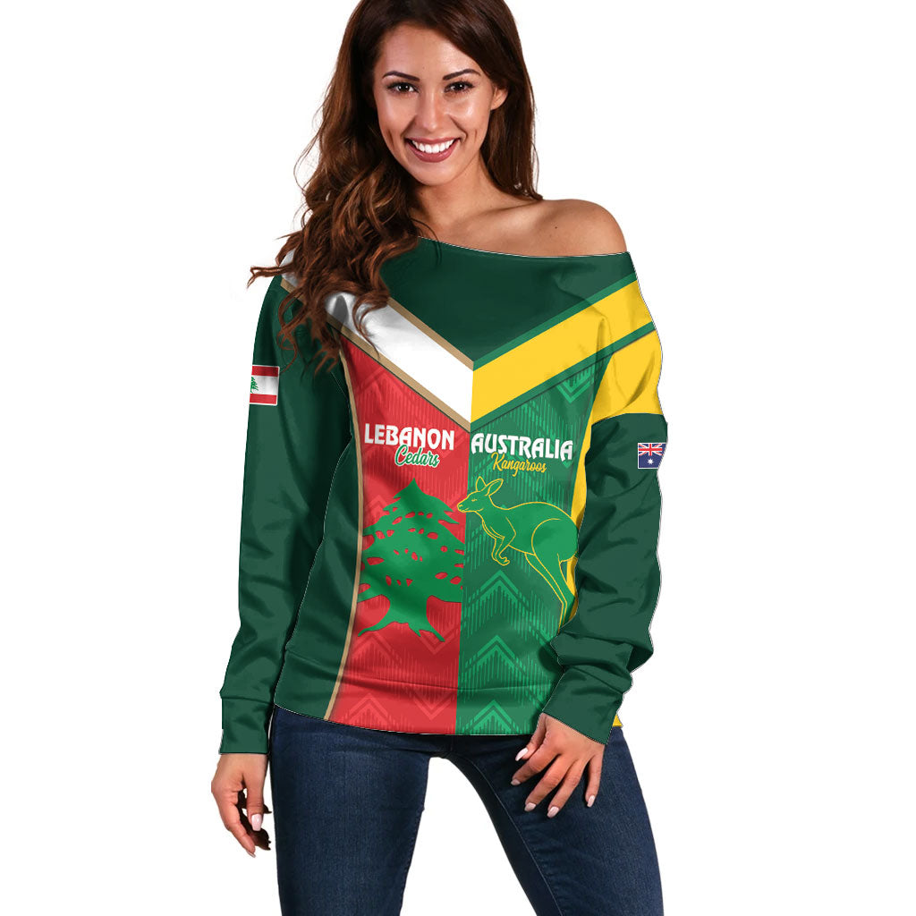 Custom Rugby Australia and Lebanon Off Shoulder Sweater Aussie Kangaroos Cedars Together