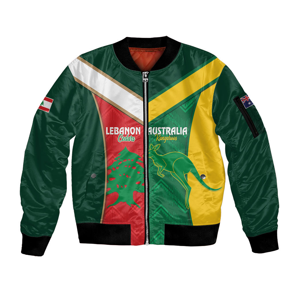 Custom Rugby Australia and Lebanon Sleeve Zip Bomber Jacket Aussie Kangaroos Cedars Together