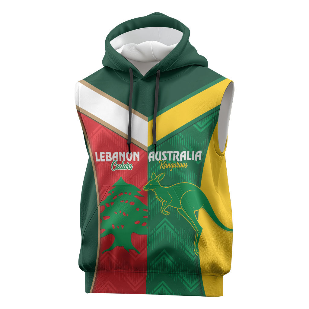 Custom Rugby Australia and Lebanon Sleeveless Hoodie Aussie Kangaroos Cedars Together
