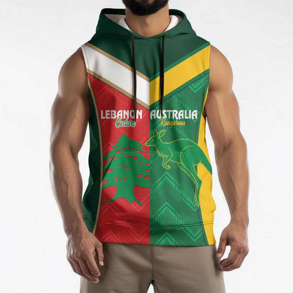 Custom Rugby Australia and Lebanon Sleeveless Hoodie Aussie Kangaroos Cedars Together