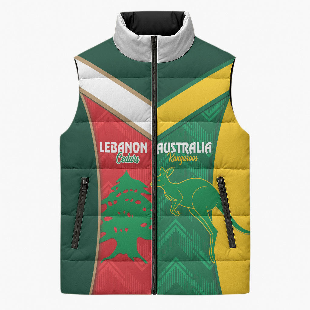 Custom Rugby Australia and Lebanon Sleeveless Puffer Jacket Aussie Kangaroos Cedars Together