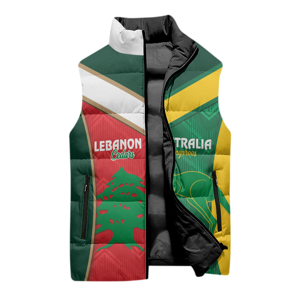 Custom Rugby Australia and Lebanon Sleeveless Puffer Jacket Aussie Kangaroos Cedars Together