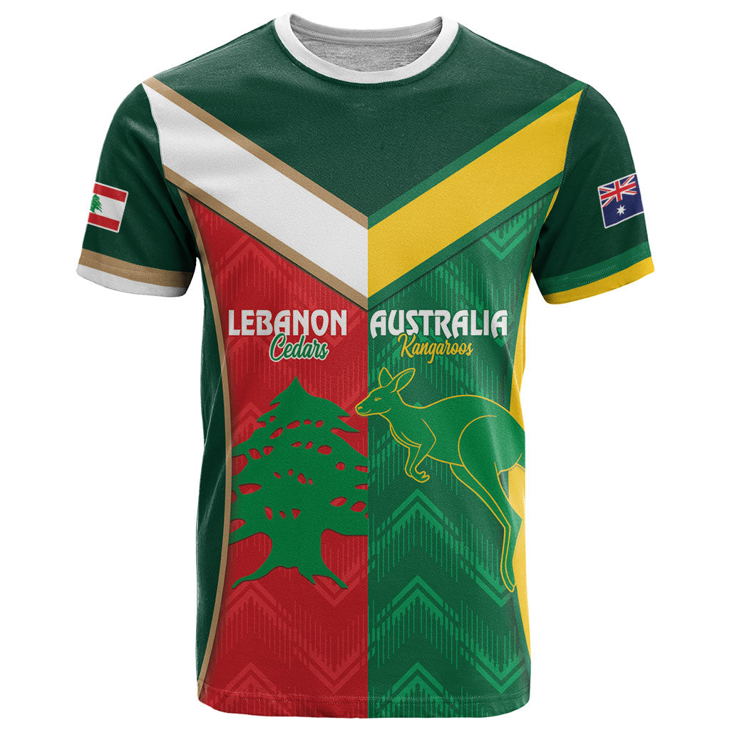 Custom Rugby Australia and Lebanon T Shirt Aussie Kangaroos Cedars Together