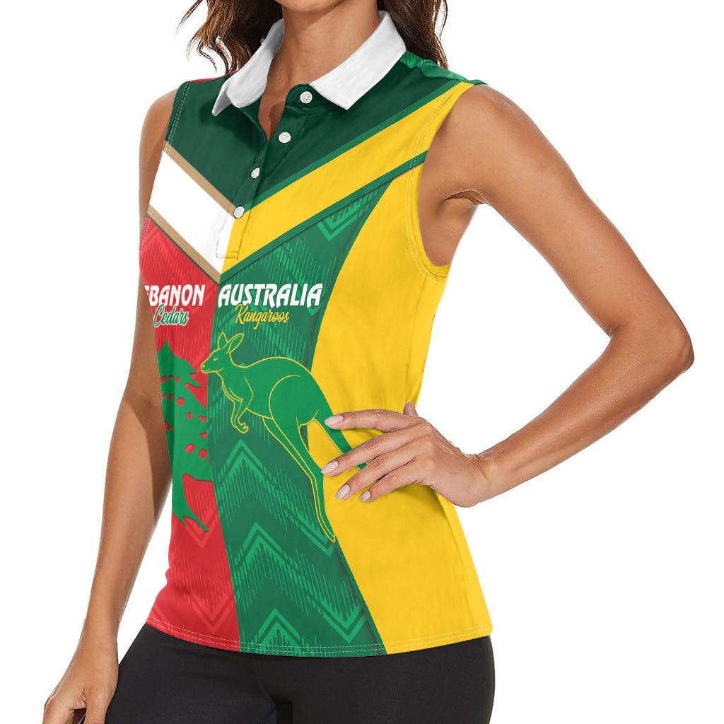 Custom Rugby Australia and Lebanon Women Sleeveless Polo Shirt Aussie Kangaroos Cedars Together