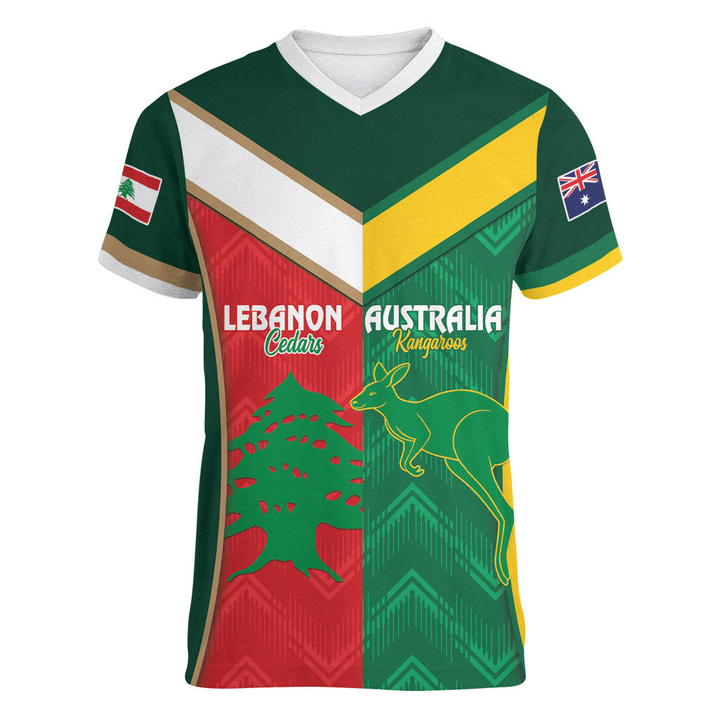 Custom Rugby Australia and Lebanon Women V-Neck T-Shirt Aussie Kangaroos Cedars Together