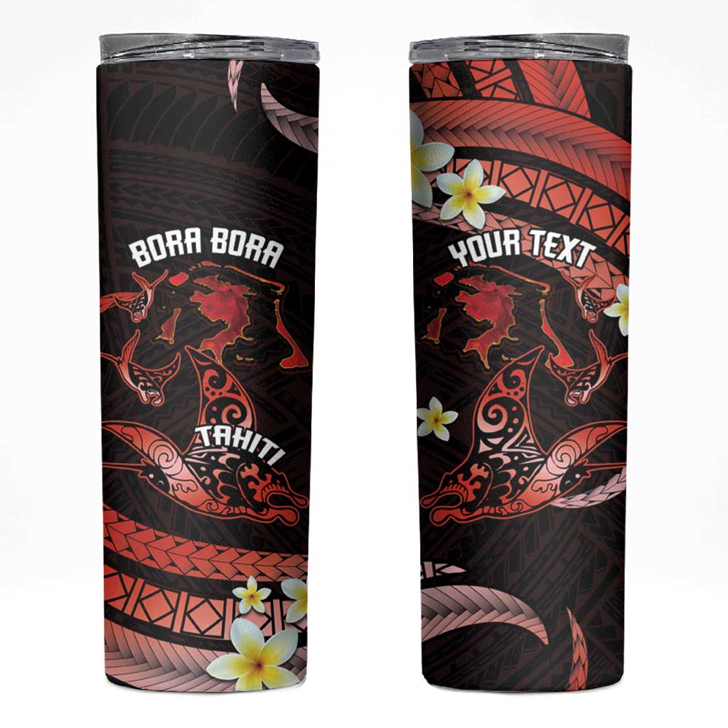 Personalised Tahiti Bora Bora Skinny Tumbler Manta Rays With Polynesian Plumeria - Wonder Print Shop
