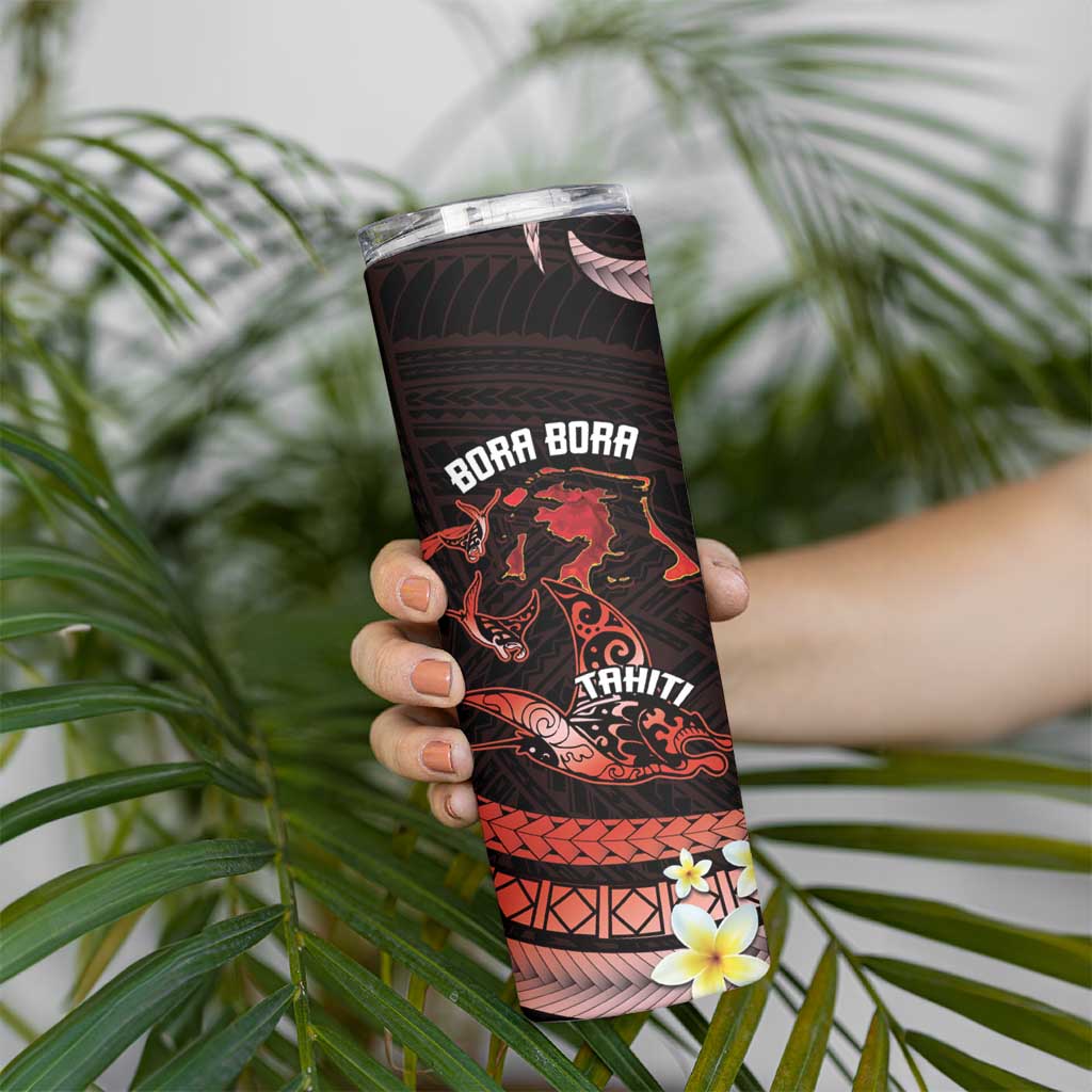 Personalised Tahiti Bora Bora Skinny Tumbler Manta Rays With Polynesian Plumeria - Wonder Print Shop