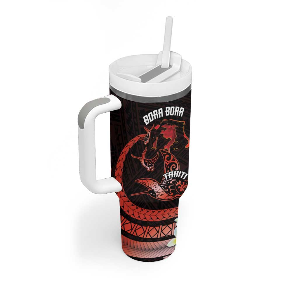 Personalised Tahiti Bora Bora Tumbler With Handle Manta Rays With Polynesian Plumeria - Wonder Print Shop